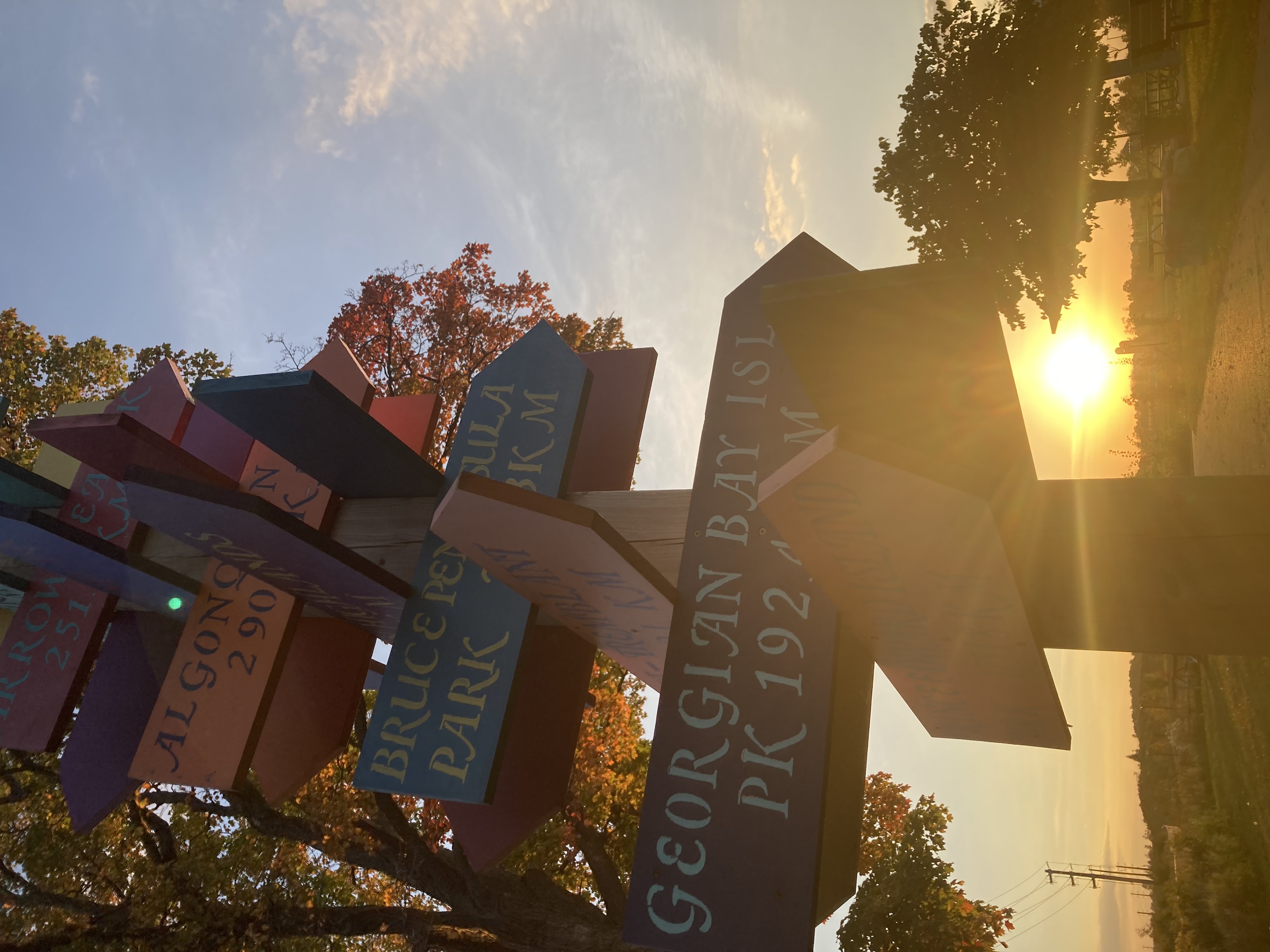A wooden pillar with colourful wooden tabs directing to surrounding landmarks.
