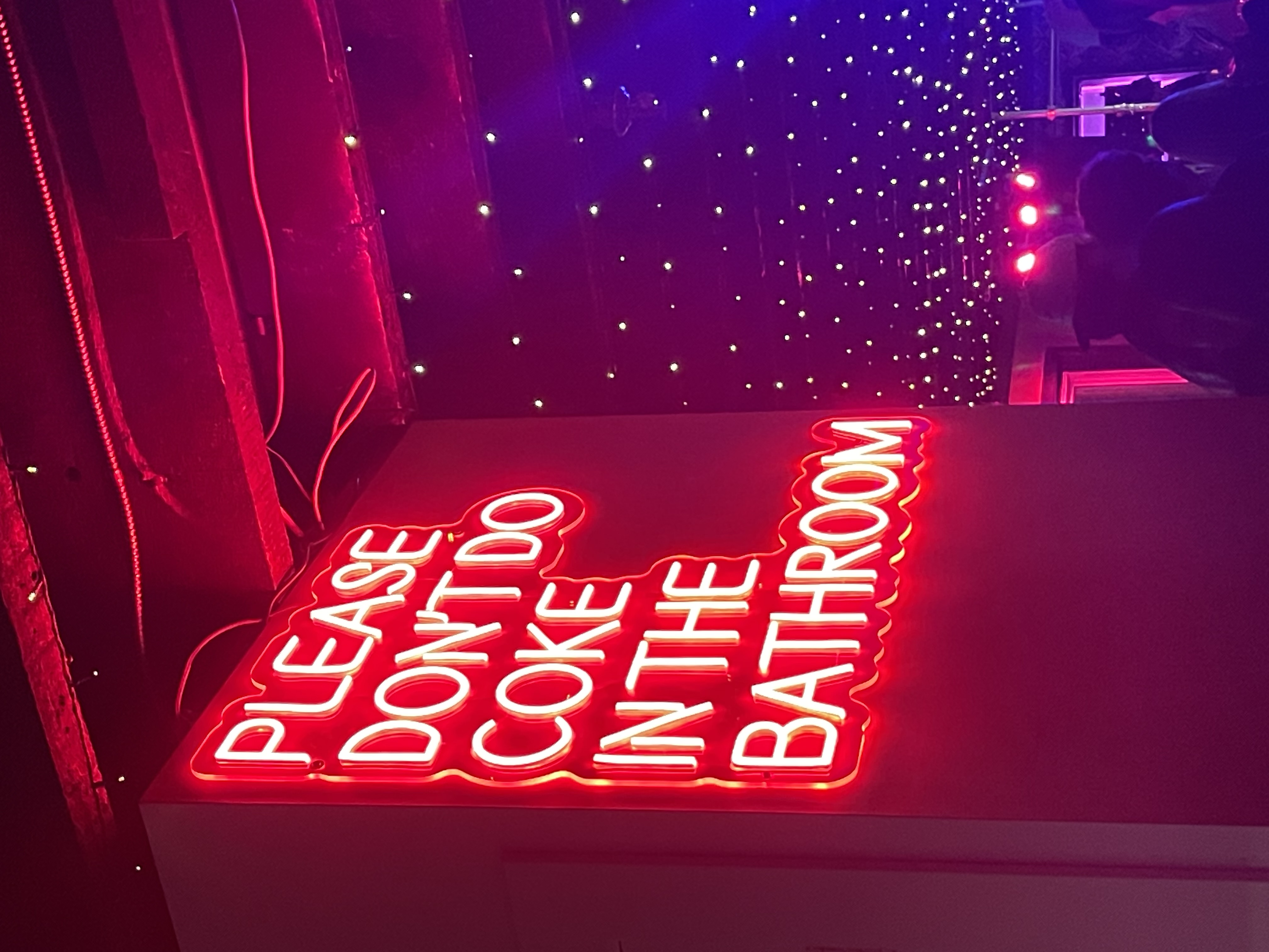 A neon sign that says 'please don't do coke in the bathroom' in a dark club with purple and red lights.