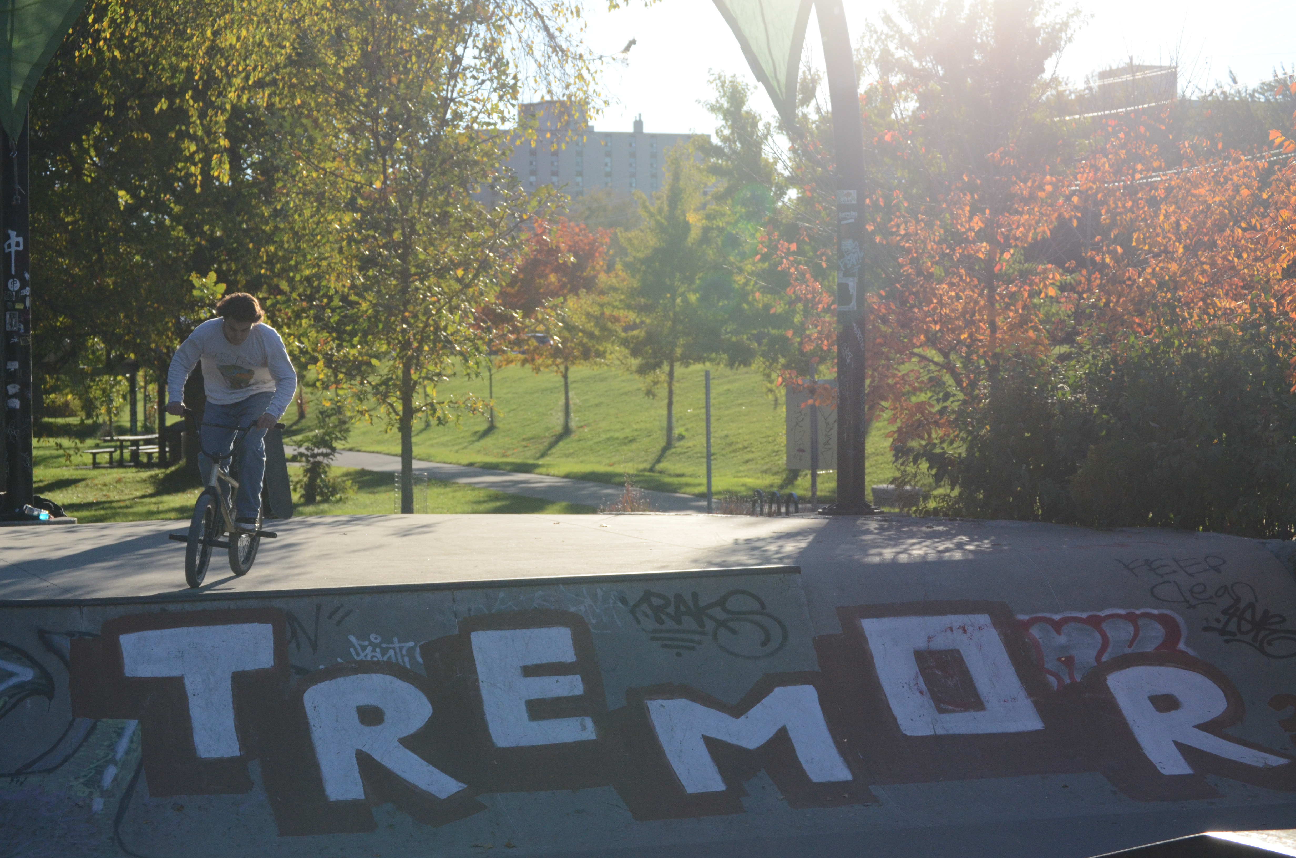 Dark-haired man BMX biking down a ramp that reads 'TREMOR'.