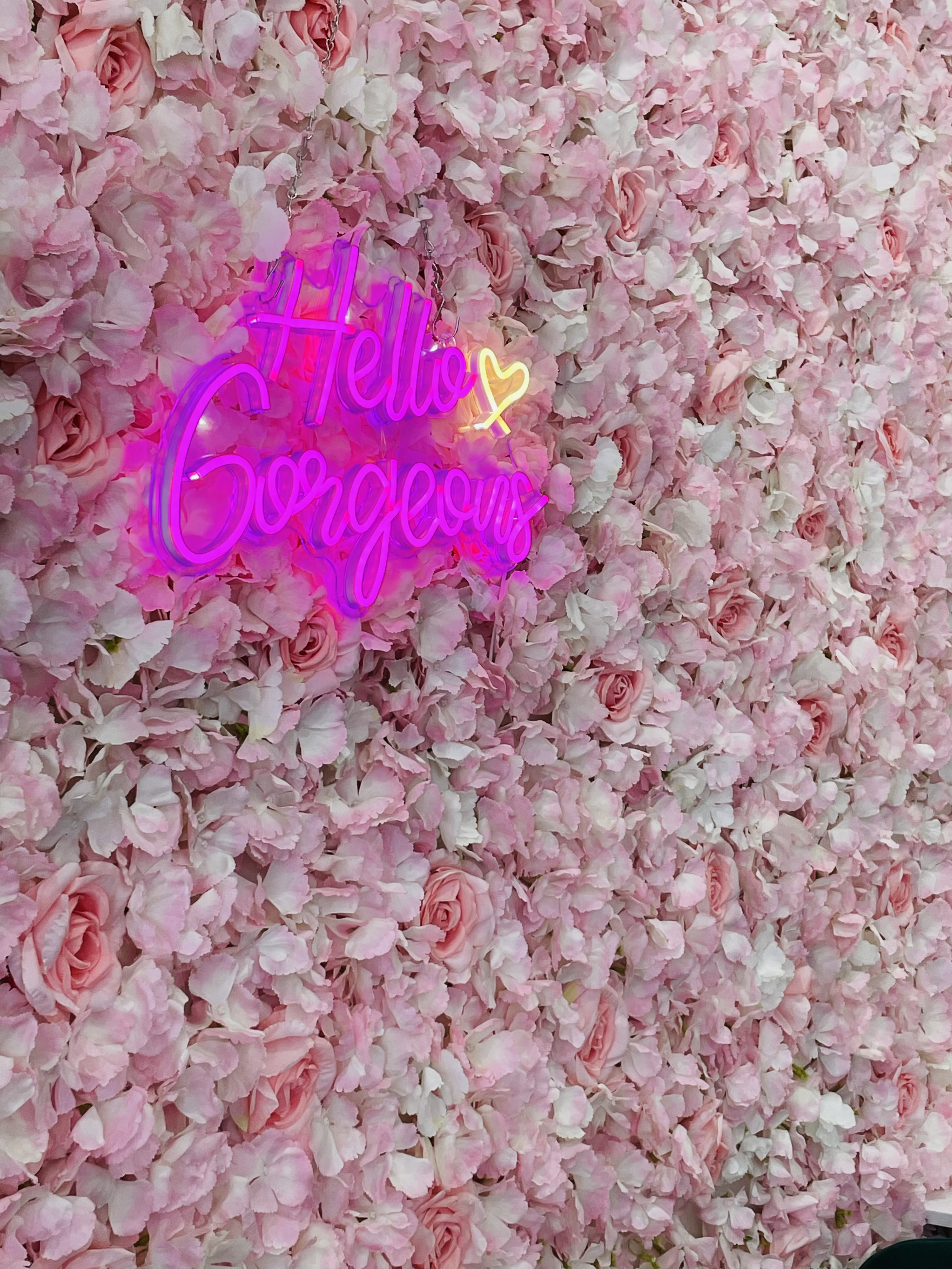 A wall of light pink flowers with a pink neon sign that says 'Hello Gorgeous'.