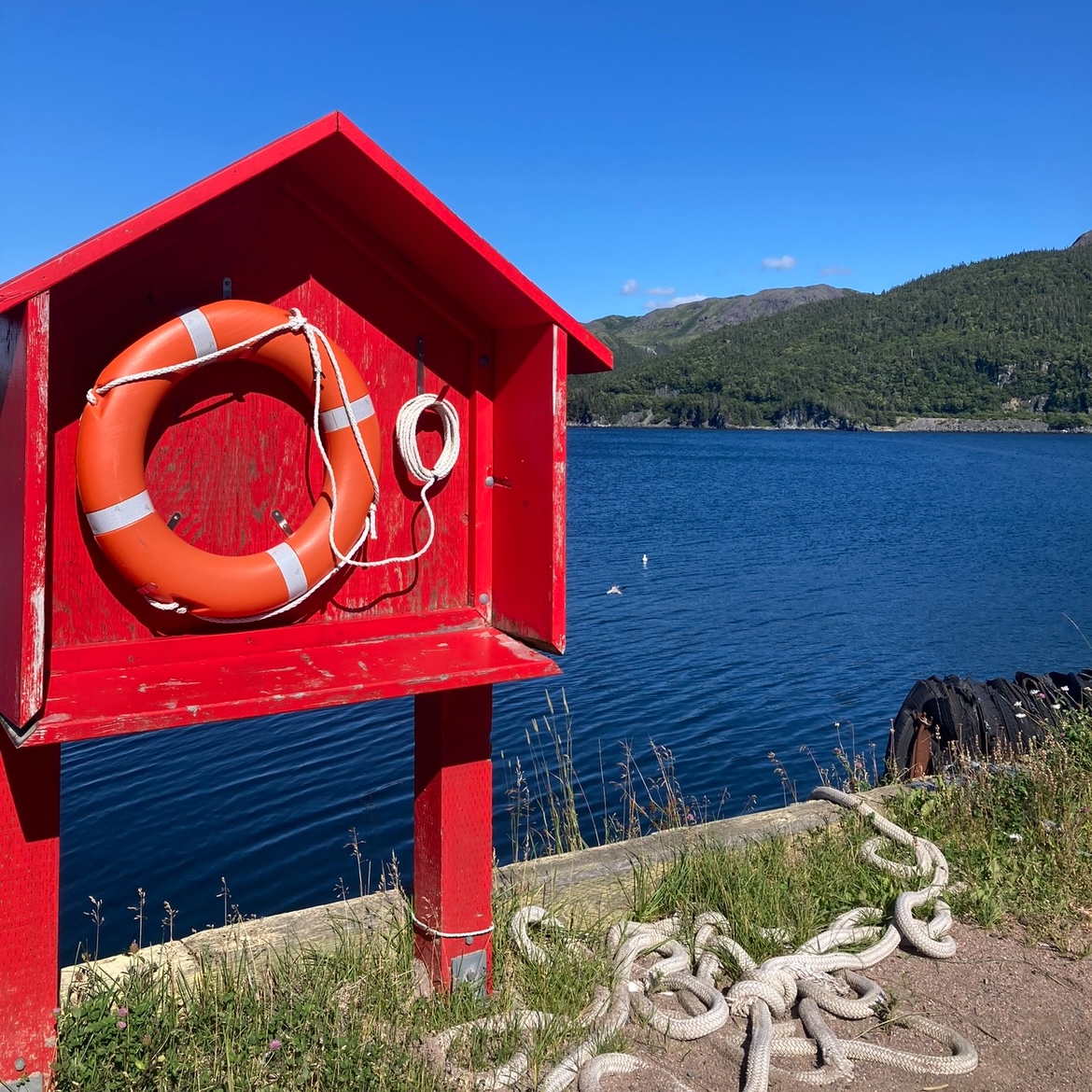 A bright red wooden stand holding a life saver against the dark blue ocean.