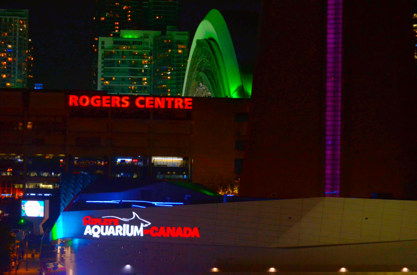 The Rogers Centre and Aquarium lit up with colourful LEDs after dark.